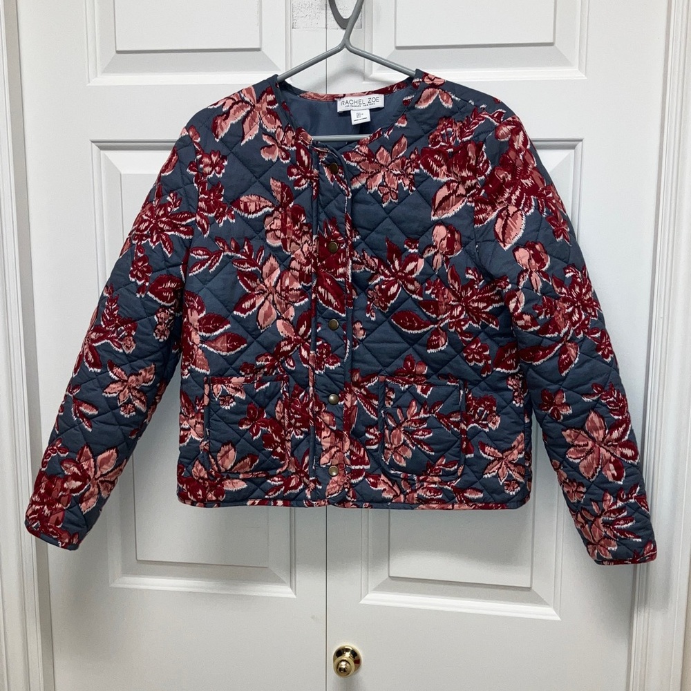 Rachel Zoe quilted collarless patch pocket jacket, floral, wine red & grey L - Picture 2 of 12